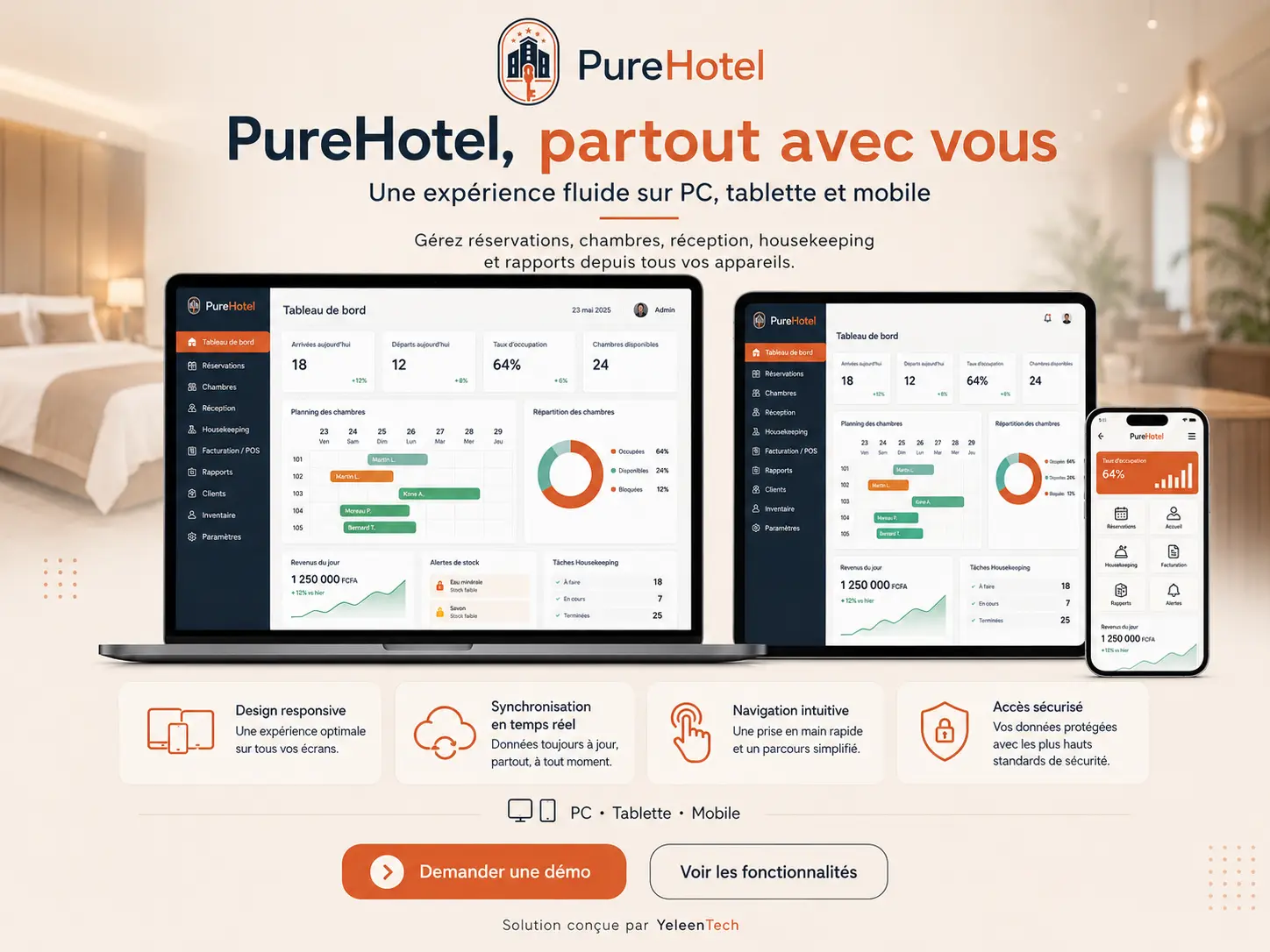 PureHotel responsive sur mobile et tablette